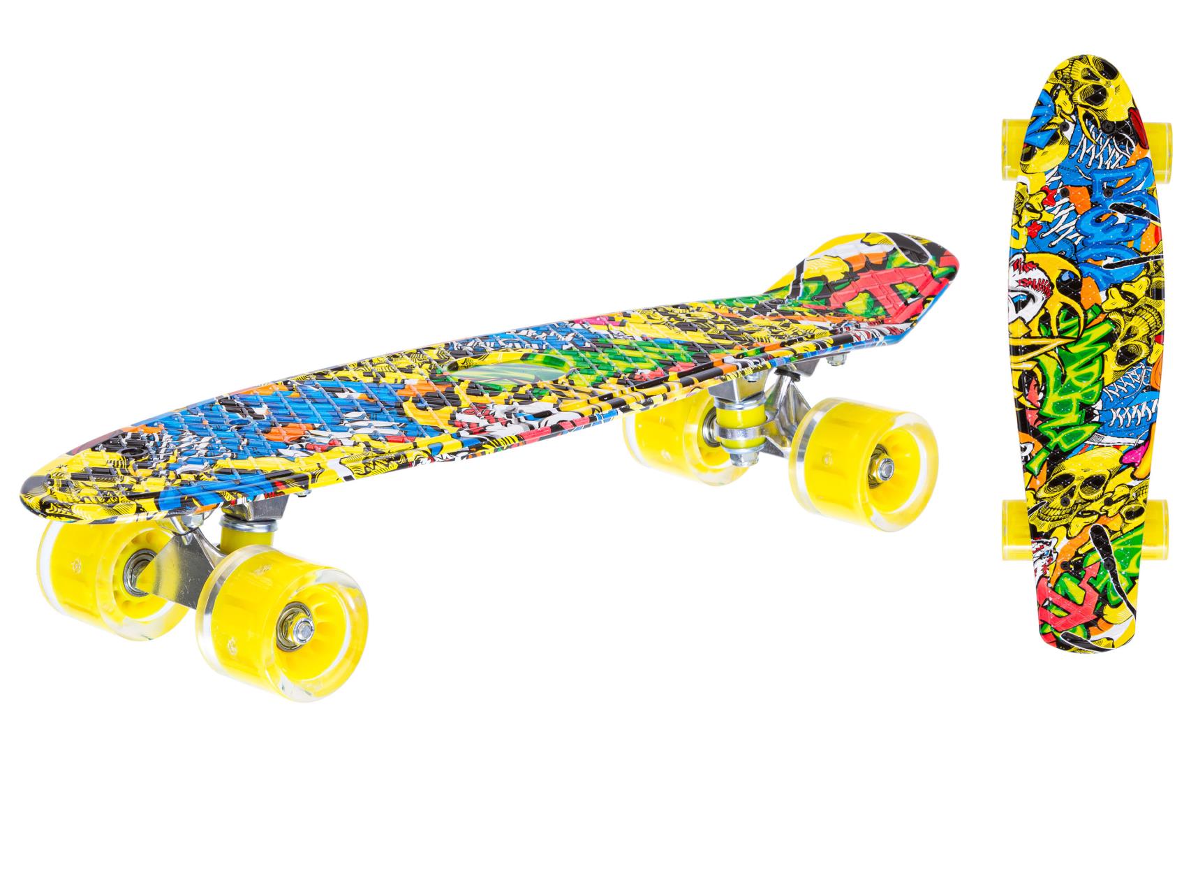 Скейтборд пластиковый с принтом, широкие колеса PU со светом, стойка: алюминиевая, желтый