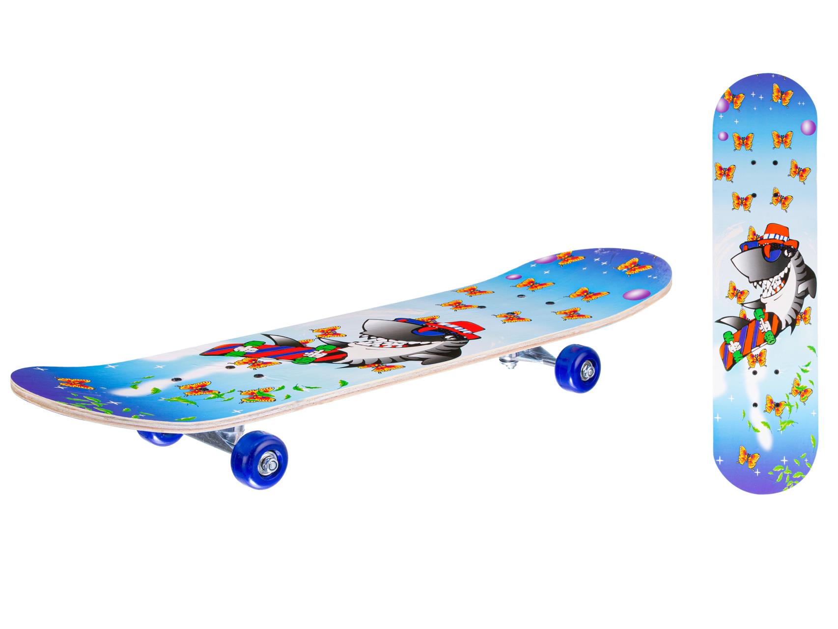 Скейтборд деревянный с принтом, колеса PVC без света, металл, голубой
