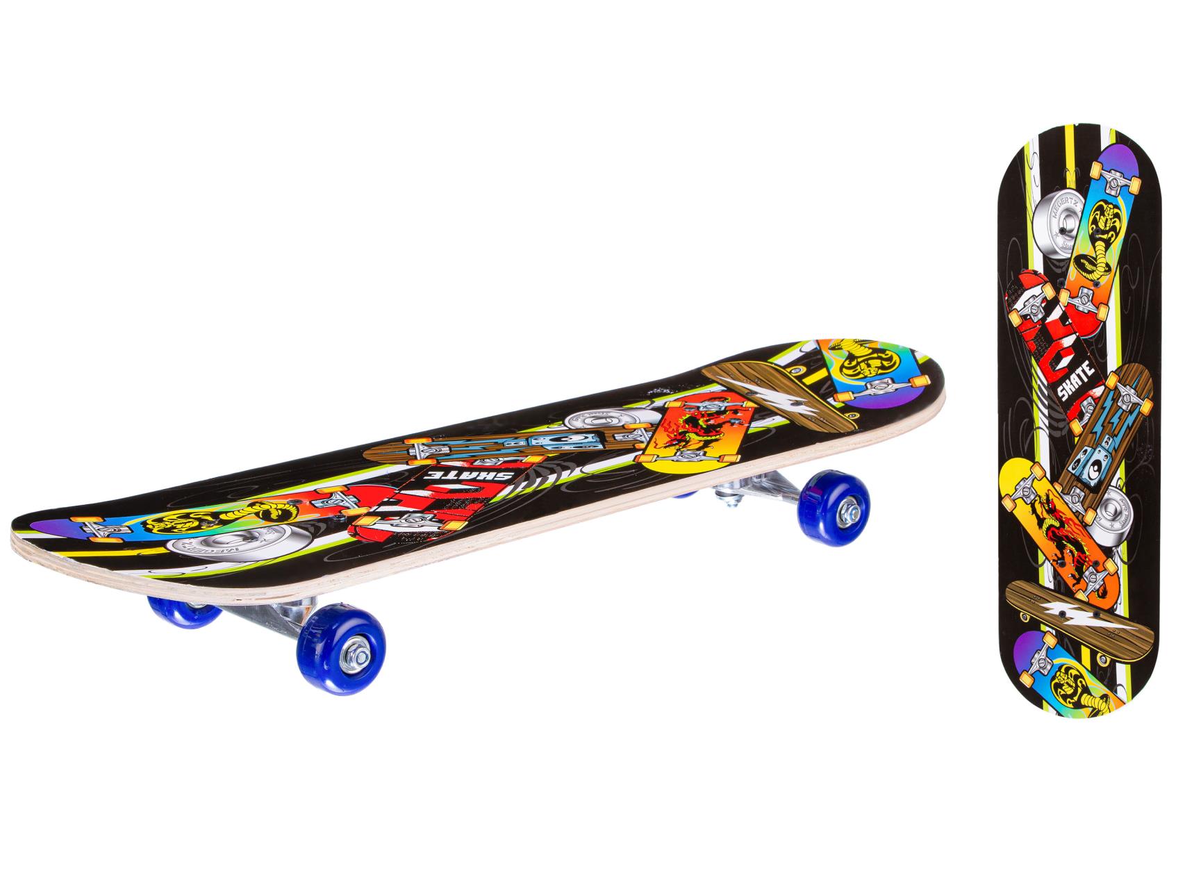 Скейтборд деревянный с принтом, колеса PVC без света, алюминий, черный