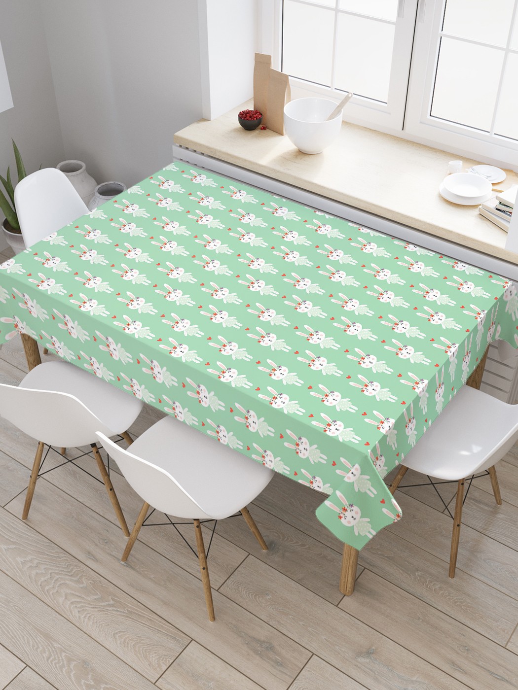 

Скатерть прямоугольная JoyArty "Влюблённая зайчиха" из сатена, 120x145 см, Зеленый, Влюблённая зайчиха