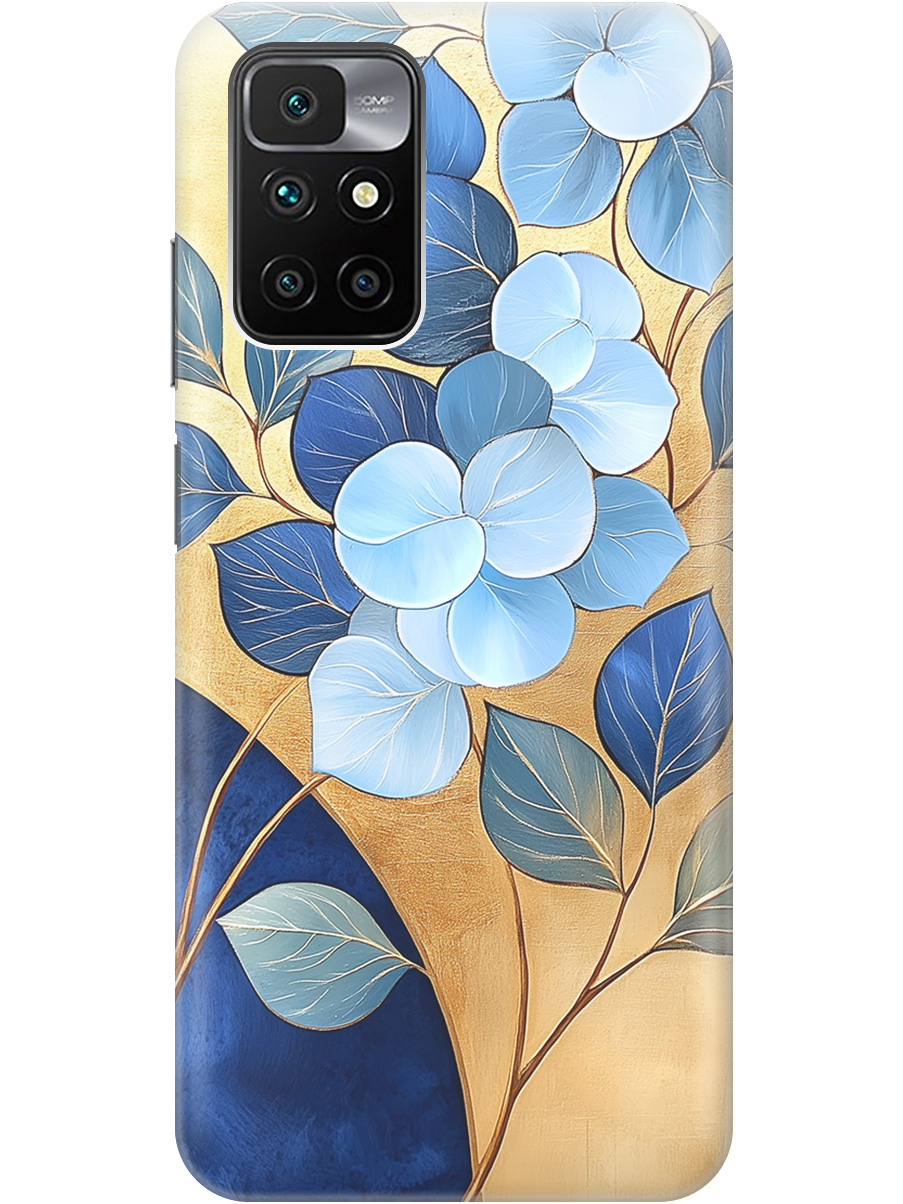 

Силиконовый чехол на Xiaomi Redmi 10 с принтом "Синие листья на золотом", Прозрачный;золотистый;синий, 731907123