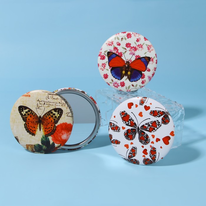 Зеркало карманное Queen Fair Нежные бабочки, искусственная кожа, 7,5 см, 3 шт