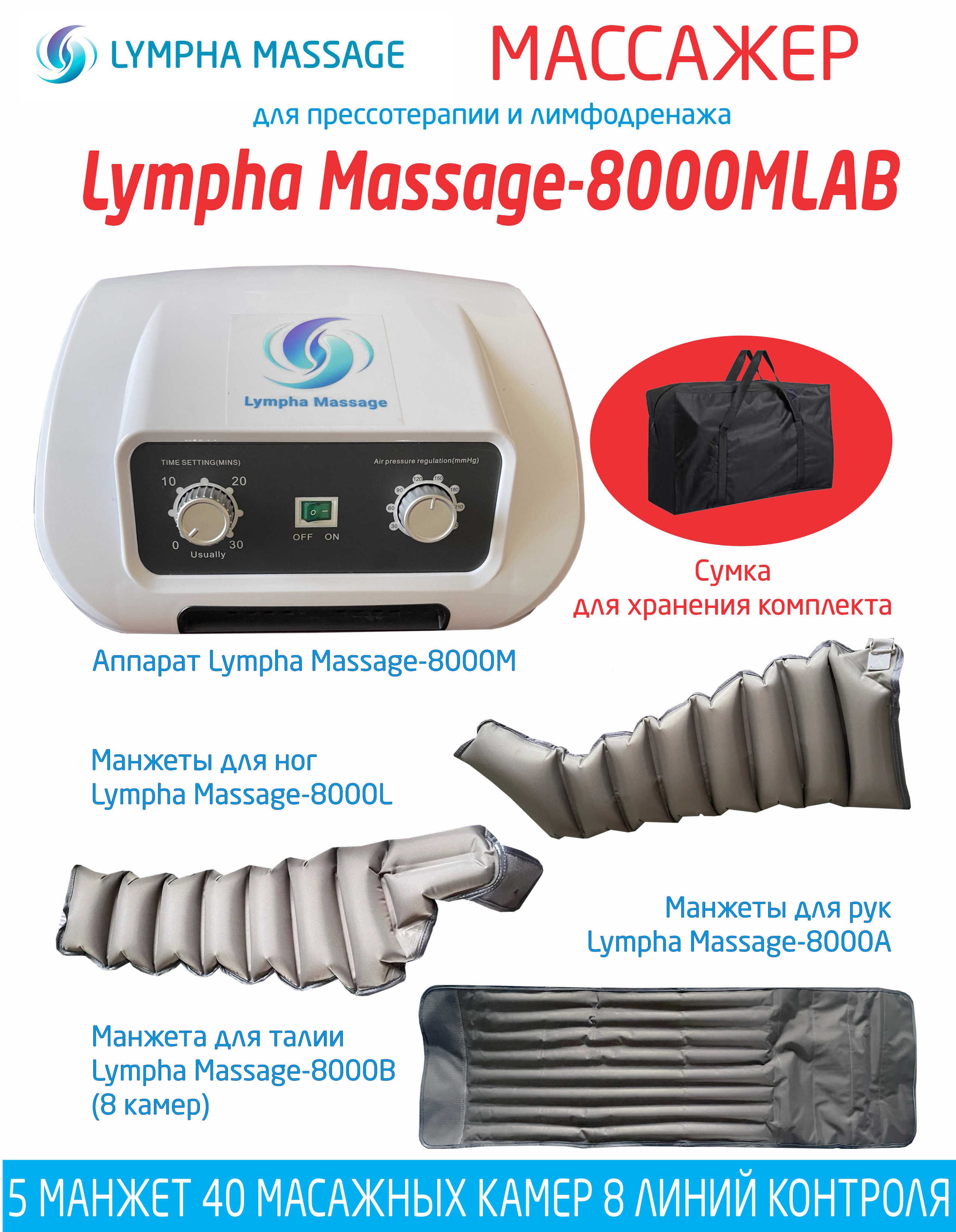 

Массажер Lympha Massage-8000MLAB+2 манжеты для ног+2 манжеты для рук+манжета для талии, Белый;разноцветный;серый, 8000MLAB