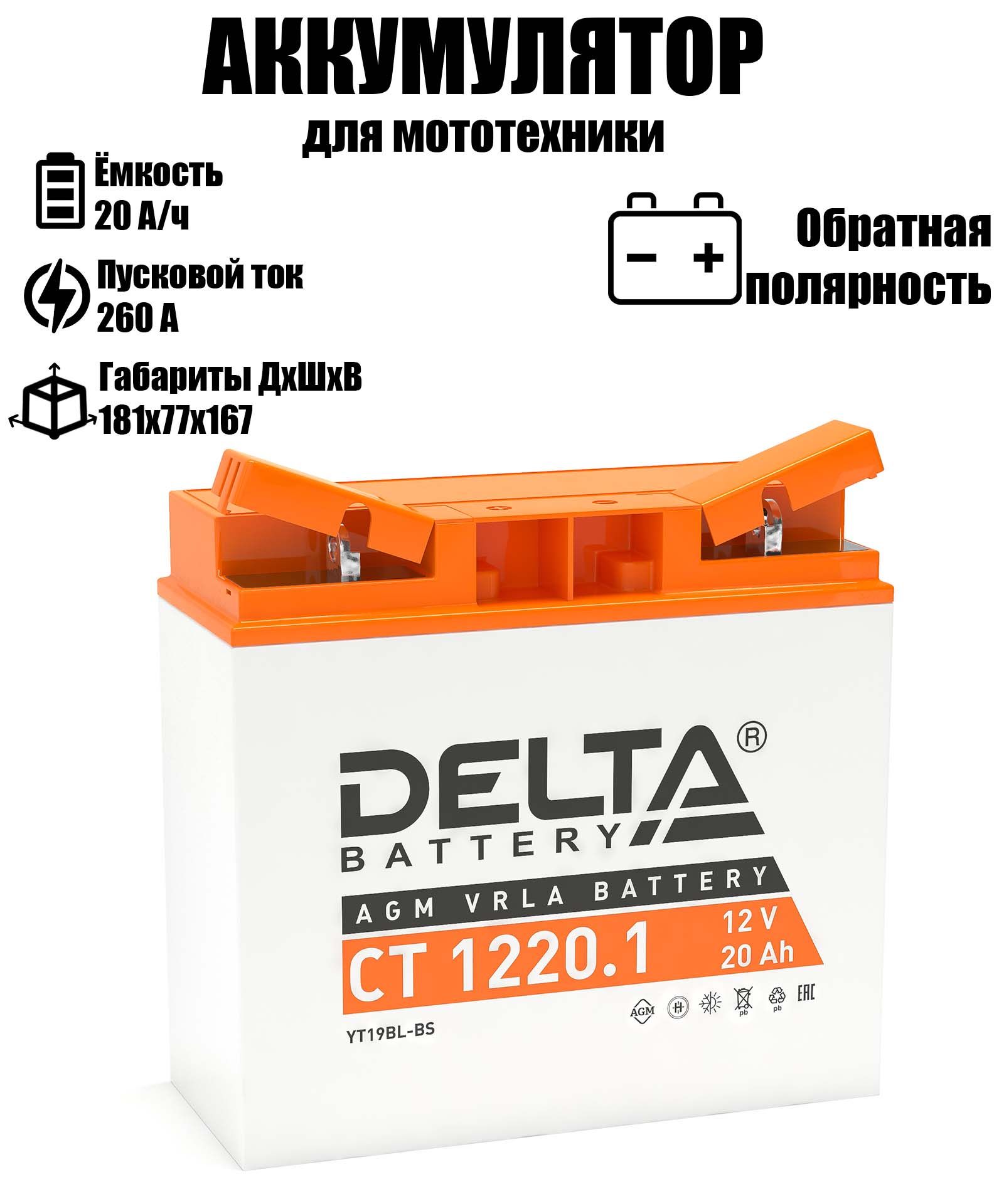 

Аккумулятор автомобильный DELTA BATTERY 20.1 A/ч A 260 обратная полярность CT1220.1, DELTA CT