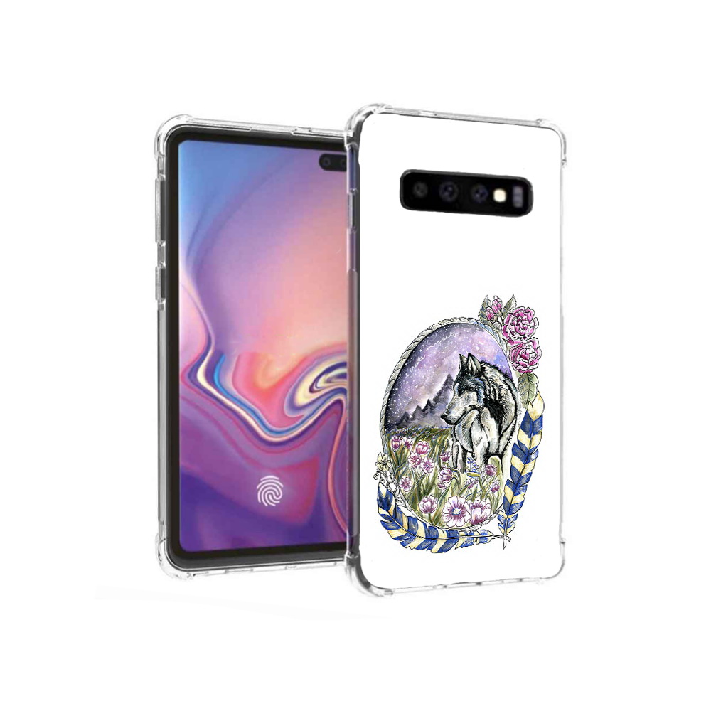 

Чехол MyPads Tocco для Samsung Galaxy S10+ нарисованный волк в цветах с перьями, Прозрачный, Tocco