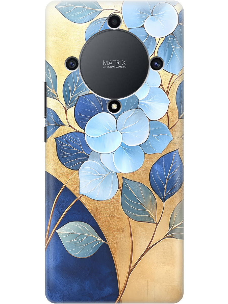 

Силиконовый чехол на Honor X9a / Magic5 Lite с принтом "Синие листья на золотом", Прозрачный;золотистый;синий, 769394723