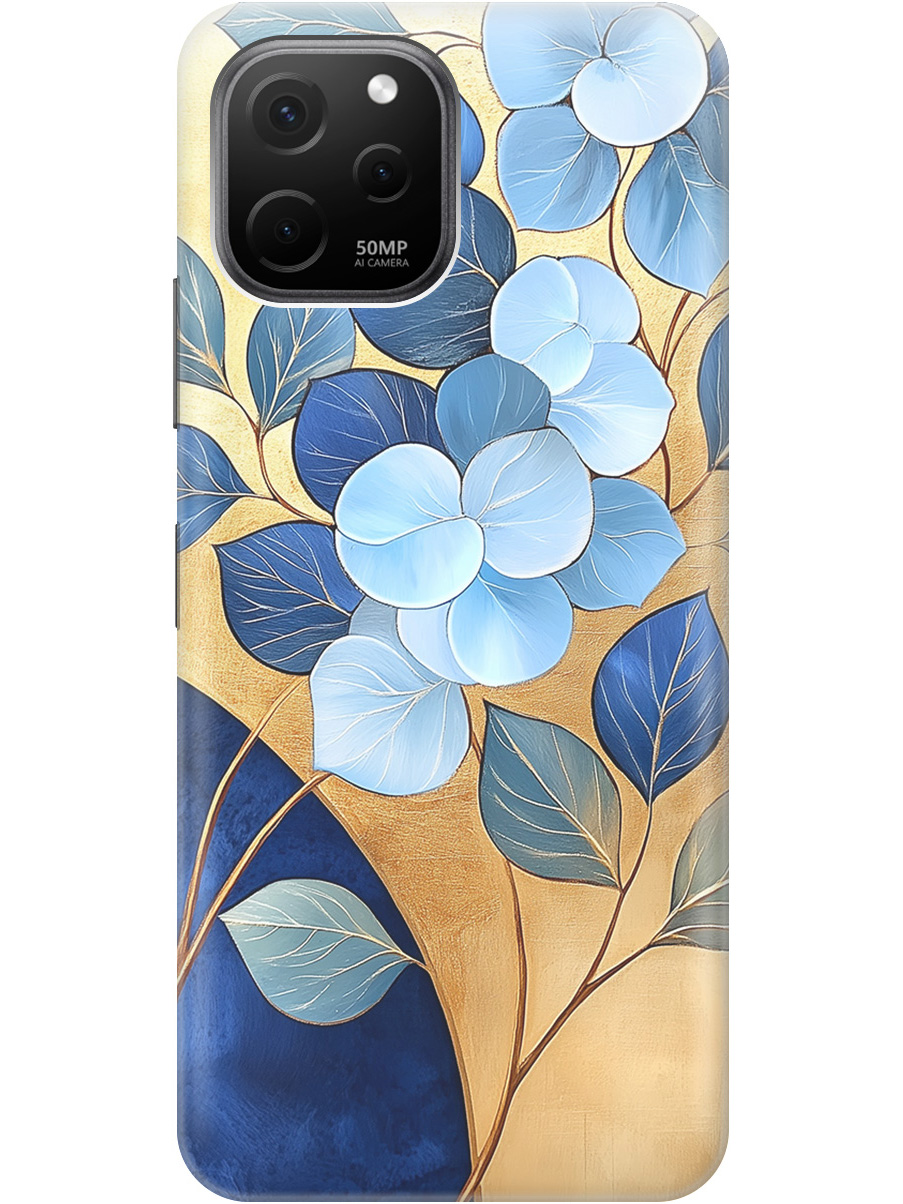 

Силиконовый чехол на Huawei nova Y61 с принтом "Синие листья на золотом", Прозрачный;золотистый;синий, 762098523