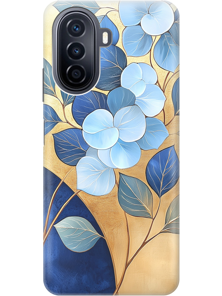 

Силиконовый чехол на Huawei nova Y70 с принтом "Синие листья на золотом", Прозрачный;золотистый;синий, 740133423