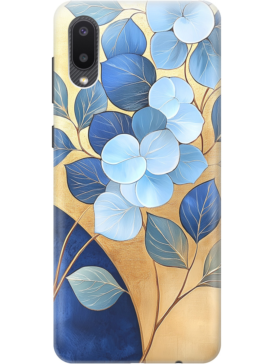 

Силиконовый чехол на Samsung Galaxy A02 с принтом "Синие листья на золотом", Прозрачный;золотистый;синий, 724352123