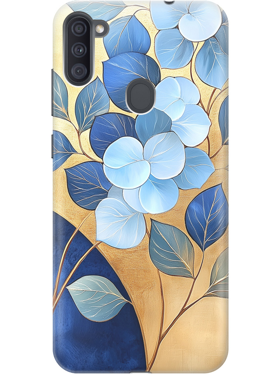 

Силиконовый чехол на Samsung Galaxy A11 / M11 с принтом "Синие листья на золотом", Прозрачный;золотистый;синий, 722820823