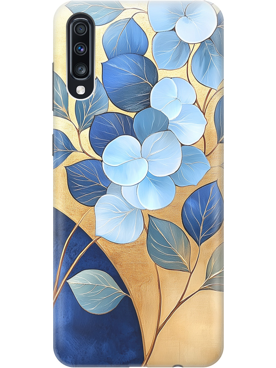 

Силиконовый чехол на Samsung Galaxy A70 / A70s с принтом "Синие листья на золотом", Прозрачный;золотистый;синий, 720804423