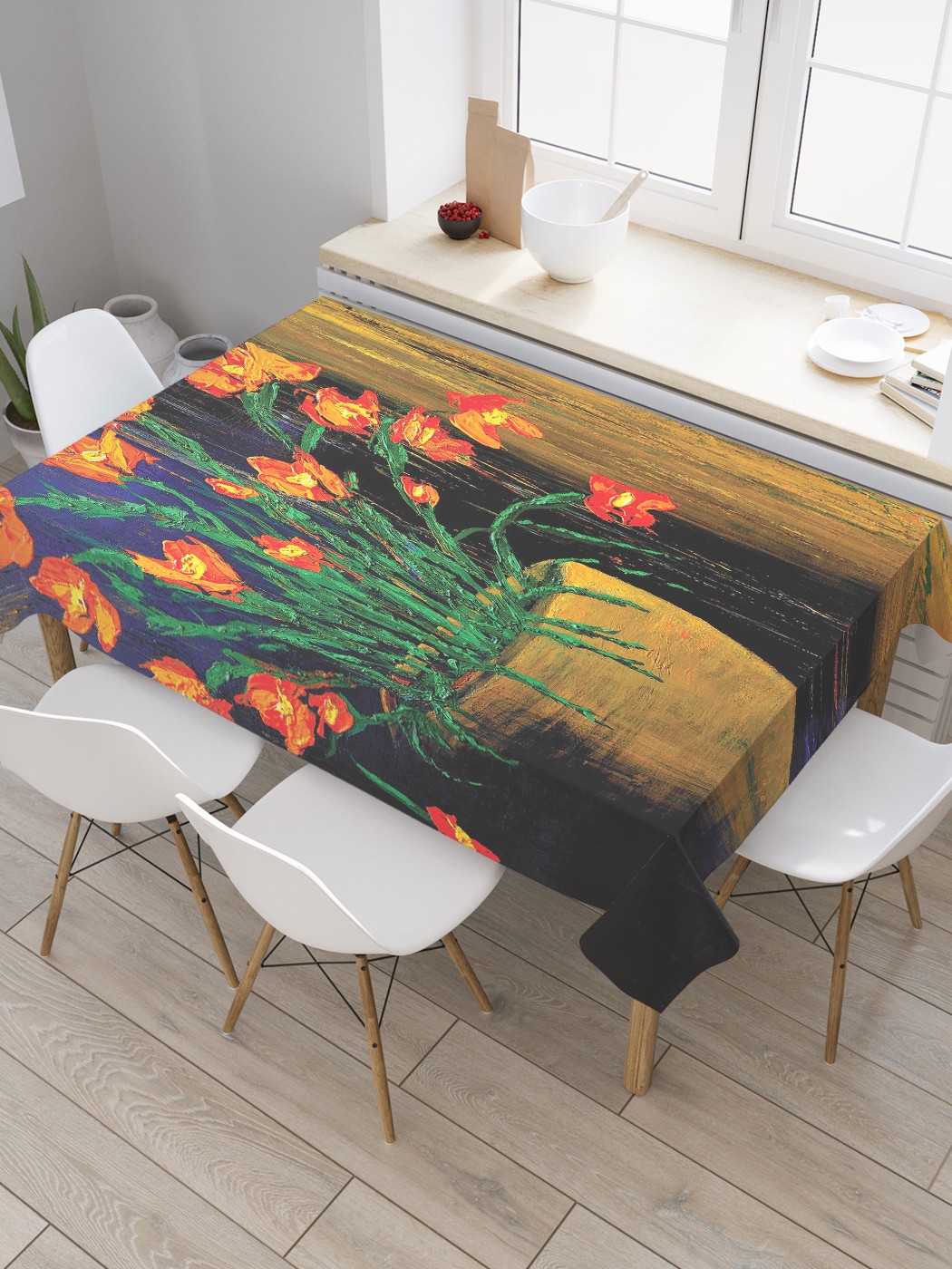 

Скатерть прямоугольная JoyArty "Тюльпаны в горшке" из сатена, 120x145 см, Коричневый, Тюльпаны в горшке