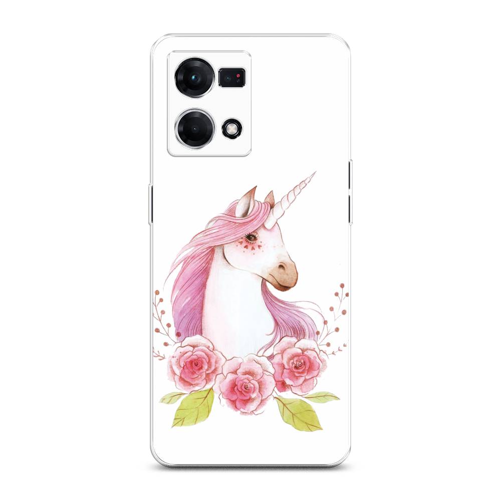 

Чехол на Oppo Reno 7 4G "Единорог цветы", Белый;розовый;серый, 2511450-1