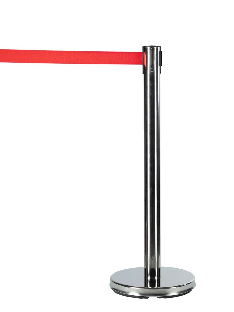 Мобильная стойка ограждения с вытяжной красной лентой 3 метра, 15-1-3 стойка для ушм красный металлист 4 х роликовая сг 03