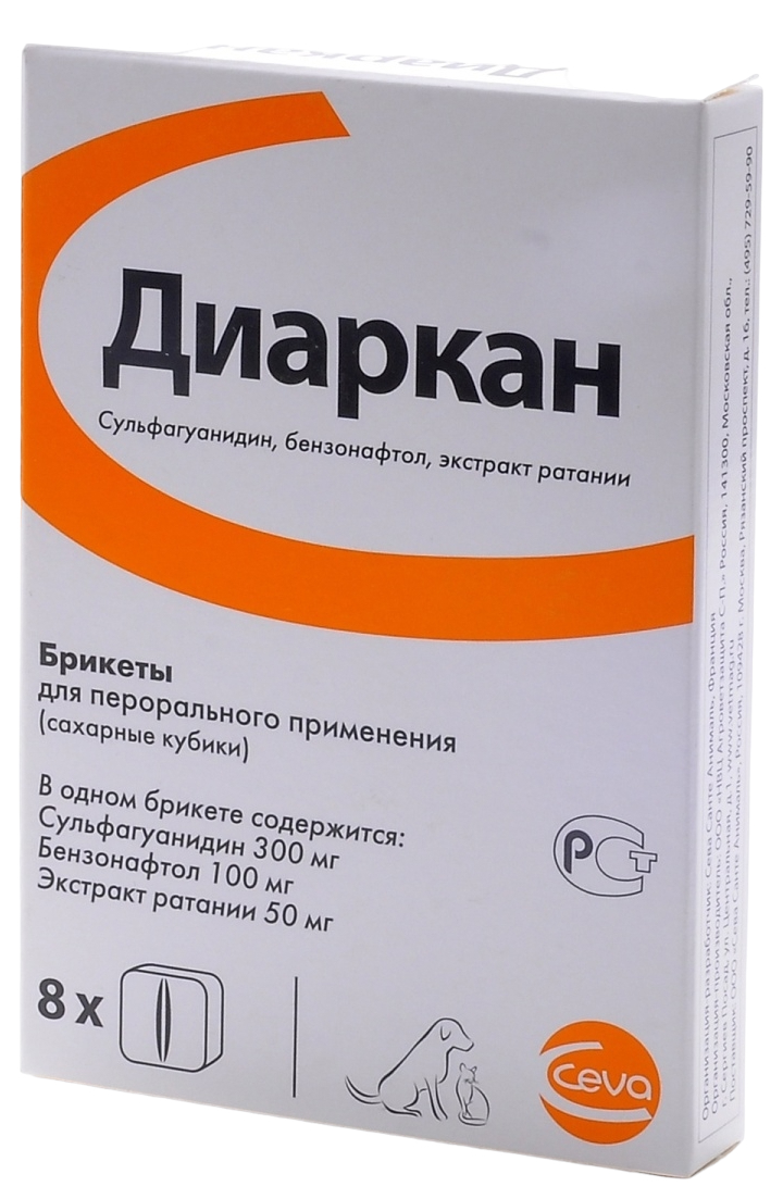 

Препарат для кошек и собак Ceva Диаркан сахарные кубики от диареи 1 кубик 75 г