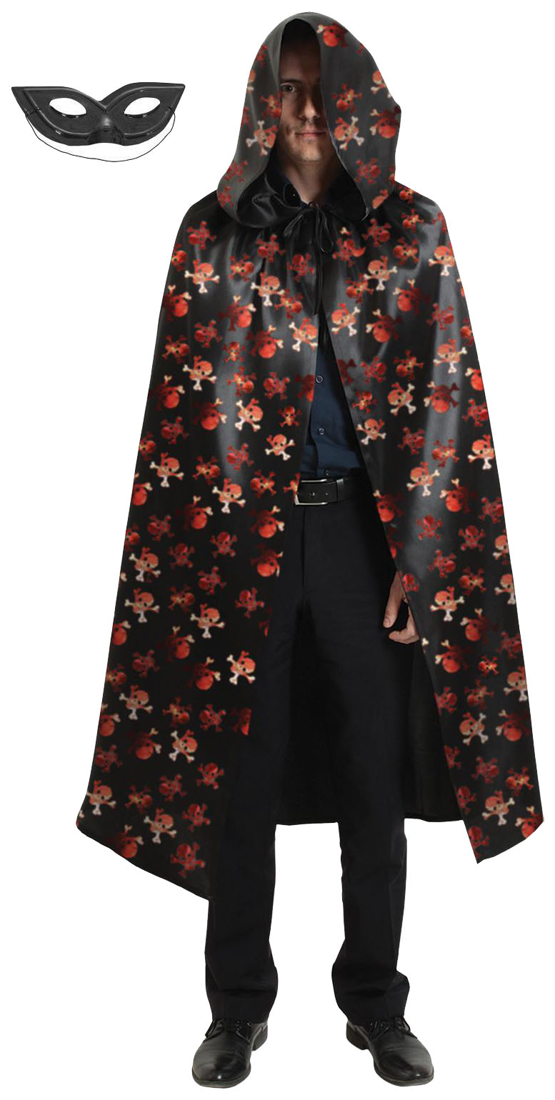 

Карнавальный плащ с красными черепами и капюшоном, атлас, длина 120 см + маска, Красный;черный