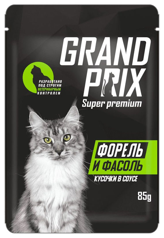 фото Влажный корм grand prix кусочки в соусе форель с фасолью для кошек 85 г х 24 шт