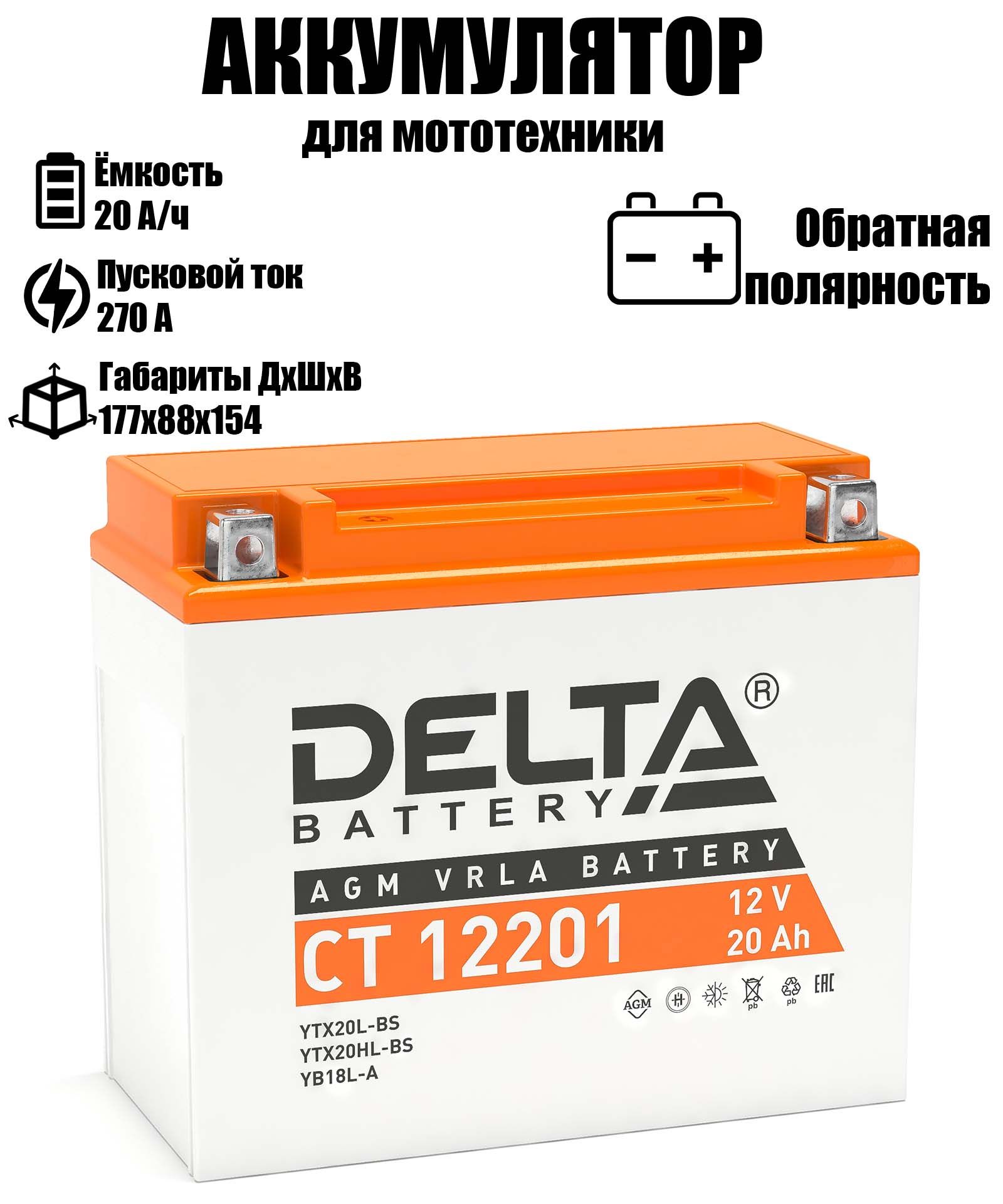

Аккумулятор автомобильный DELTA BATTERY 20.2 A/ч A 270 обратная полярность CT12201, DELTA CT