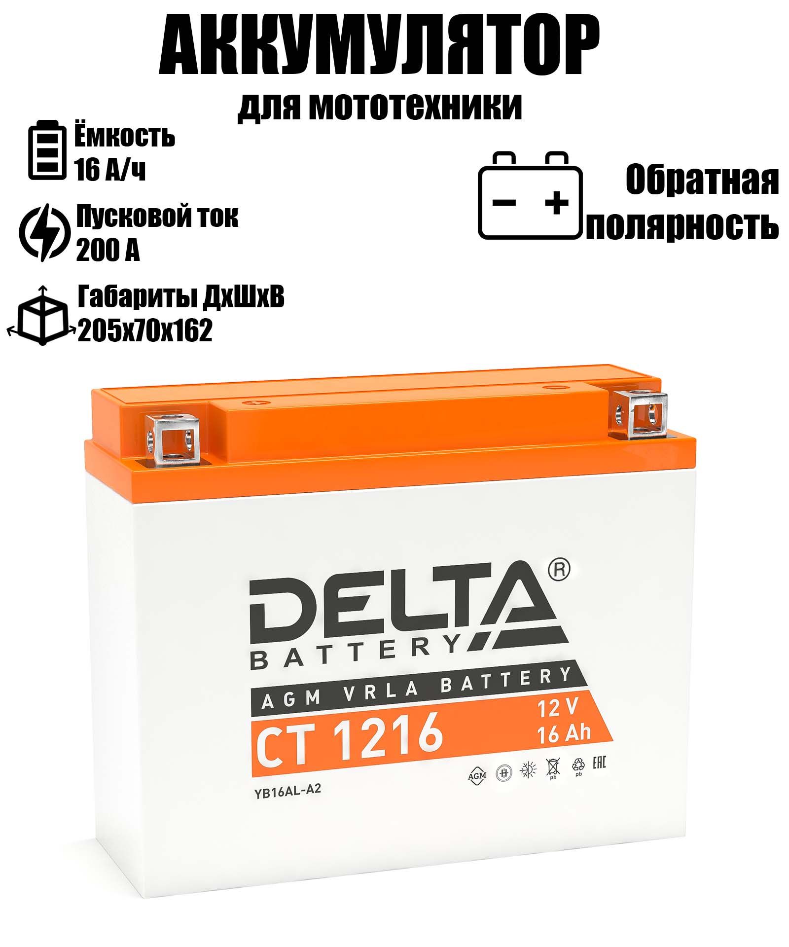 Аккумулятор DELTA BATTERY 16 A/ч A 200 обратная полярность CT1216