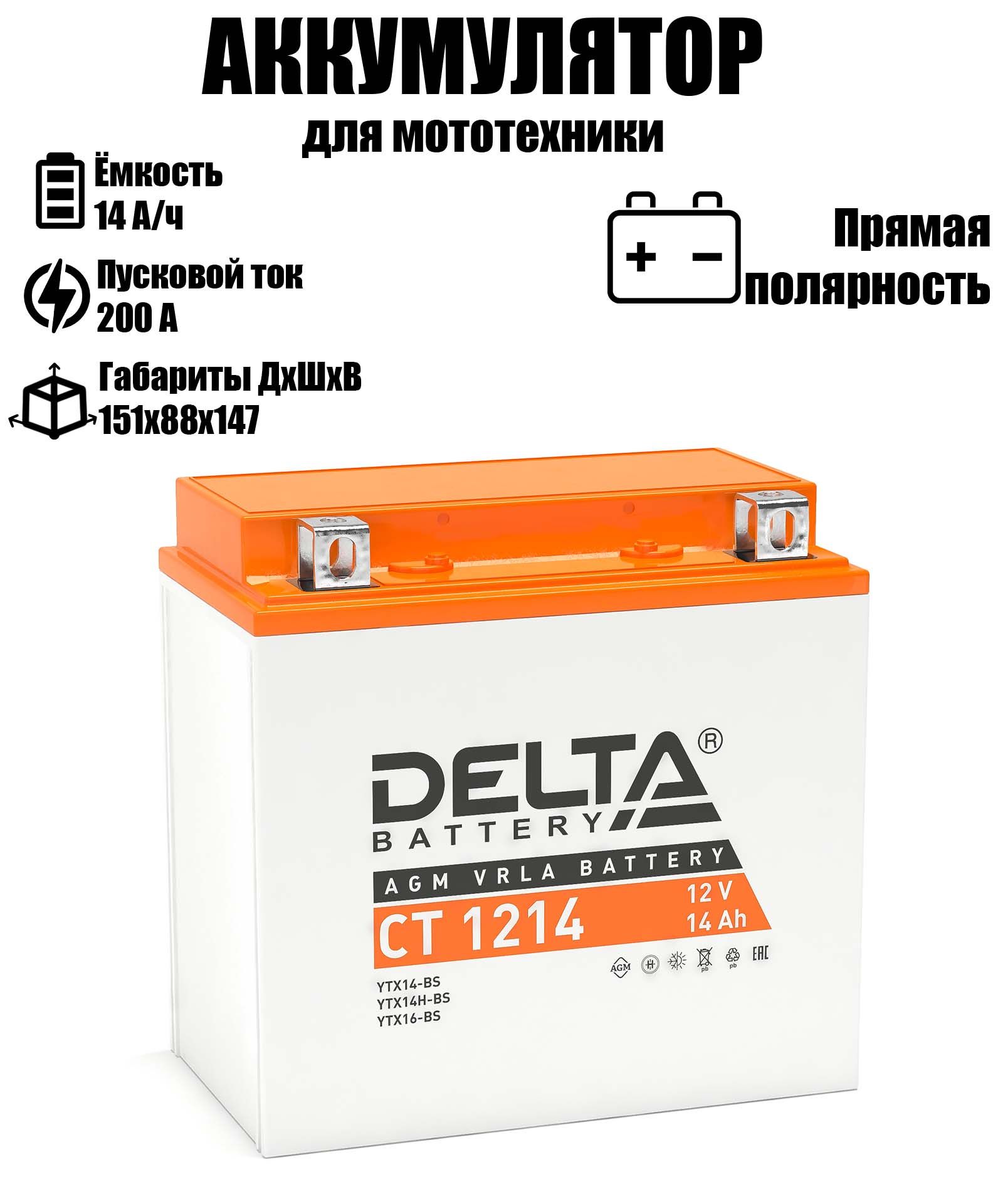 

Аккумулятор автомобильный DELTA BATTERY 14 A/ч A 200 прямая полярность CT1214, DELTA CT