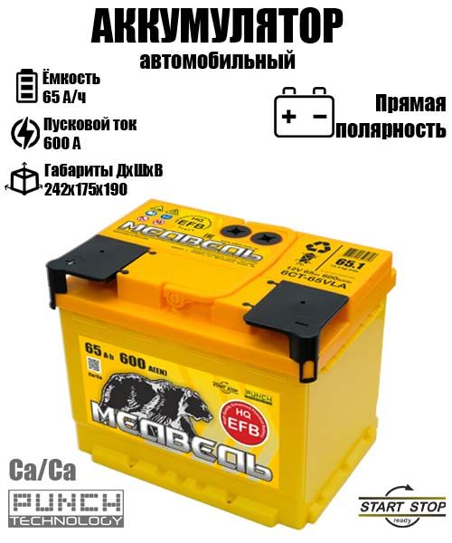 Аккумулятор МЕДВЕДЬ M EFB 65.1 A/ч A 600 прямая полярность 9758