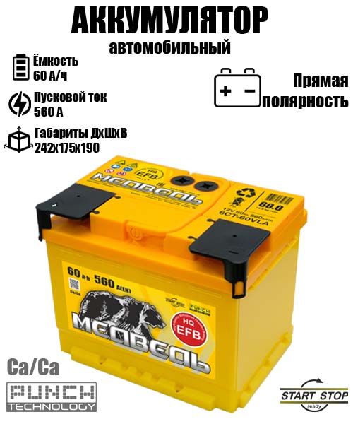 

Аккумулятор МЕДВЕДЬ M EFB 60.1 A/ч A 560 прямая полярность 9734, M EFB