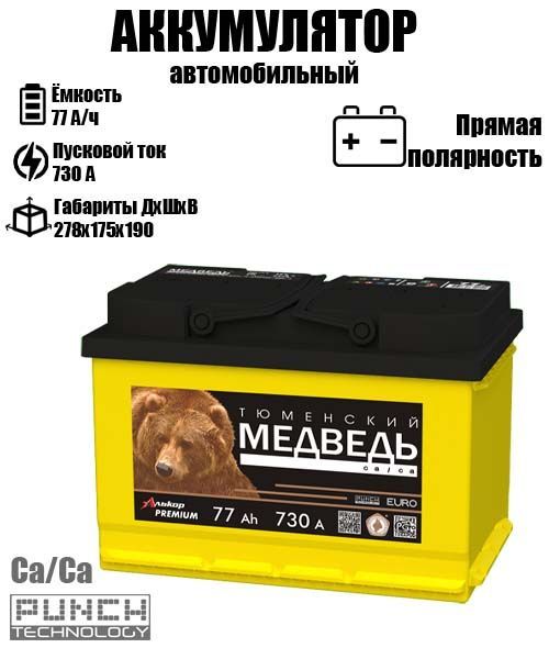 

Аккумулятор для мотоцикла Тюменский Медведь 77.1 A/ч A 730 прямая полярность 8904, ТМ