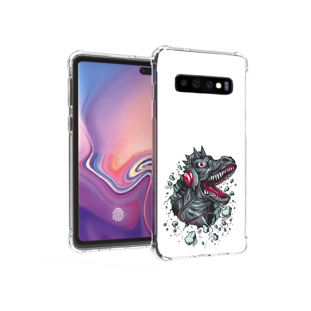 

Чехол MyPads Tocco для Samsung Galaxy S10+ Нарисованный динозавр в наушниках, Прозрачный, Tocco