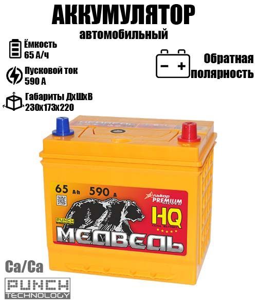 

Аккумулятор МЕДВЕДЬ Asia 65 A/ч A 590 обратная полярность 4760, Asia