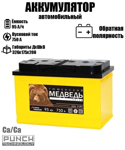 

Аккумулятор для мотоцикла Тюменский Медведь 95 A/ч A 750 обратная полярность 4517, ТМ