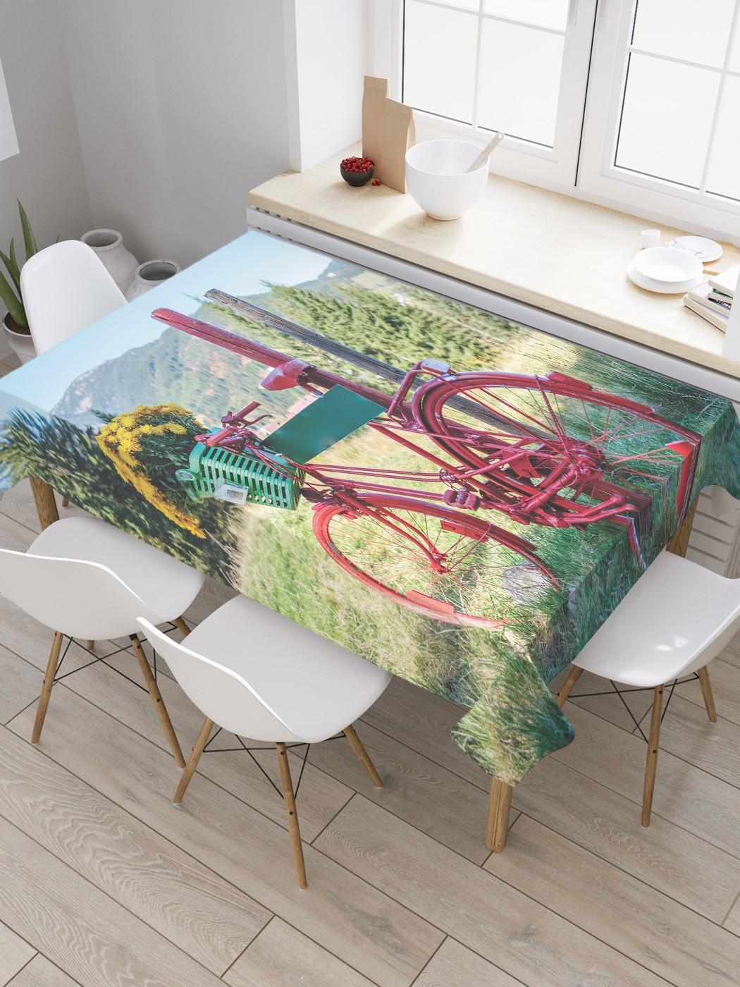 фото Скатерть прямоугольная joyarty "велосипед с цветами на лугу" из сатена, 120x145 см
