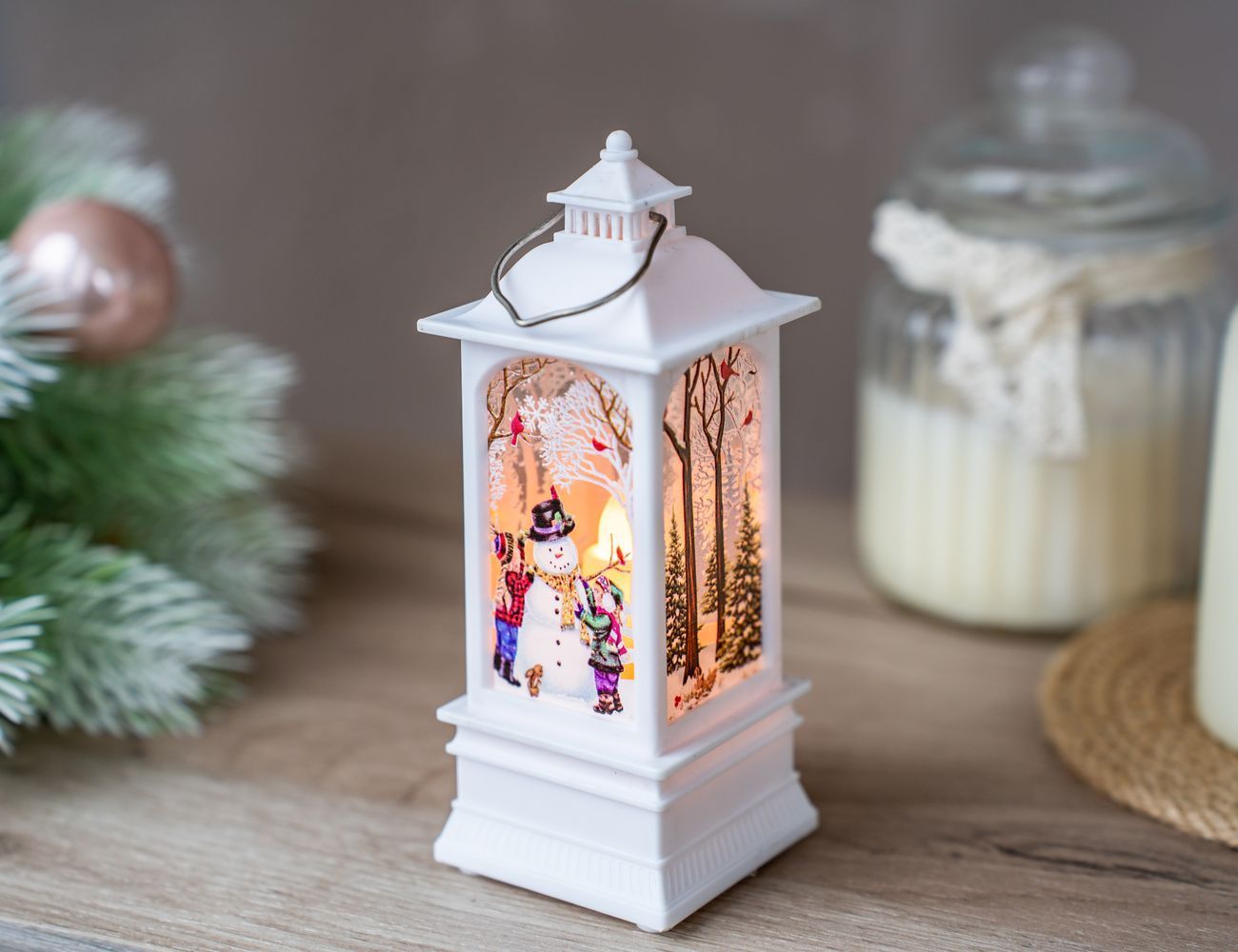 Новогодний фонарик РАДОСТЬ СНЕГОВИЧКА, пластик, белый, 12 см, батарейки, Serpantin