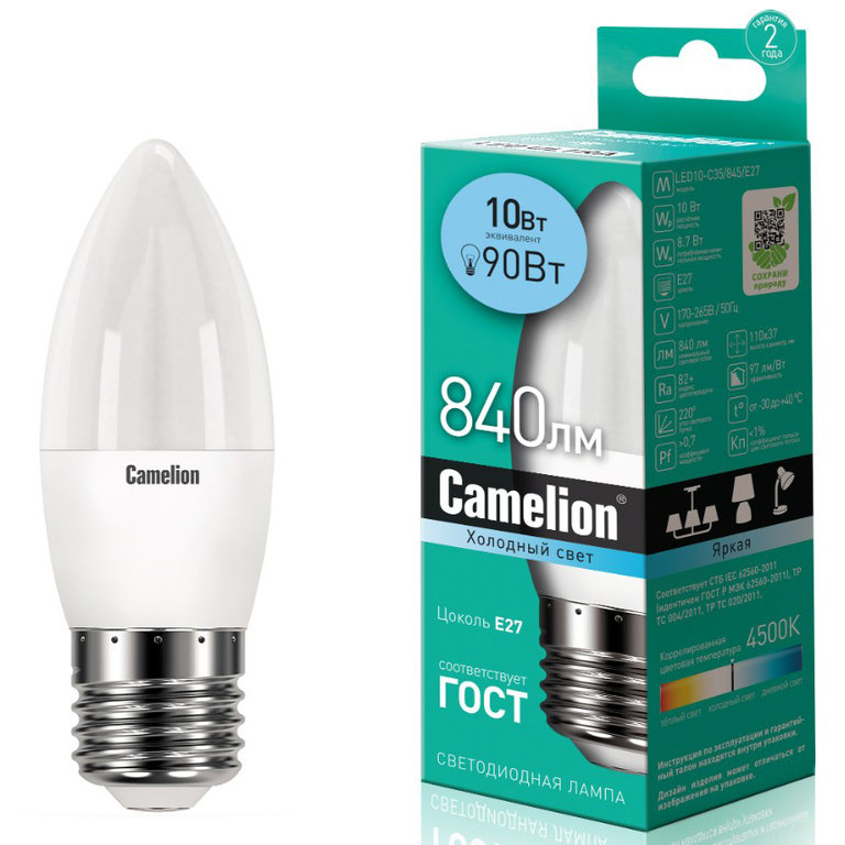 

Лампа Светодиодная 27 С35 10 90 220 Холодный 1Шт Camelion LED10C35845E27