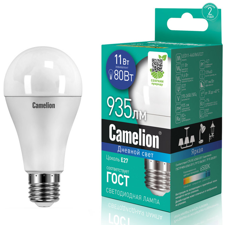 

Лампа Светодиодная 27 60 11 80 220 Холодный 1Шт Camelion LED11A60865E27
