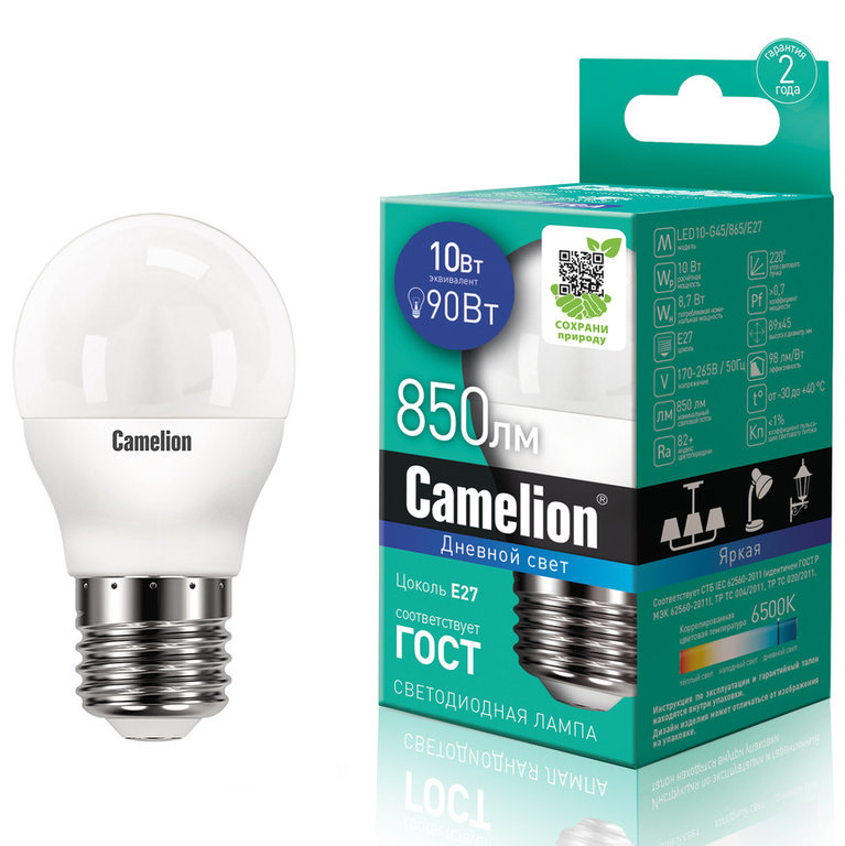 

Лампа Светодиодная 27 45 10 90 220 Холодный 1Шт Camelion LED10G45865E27