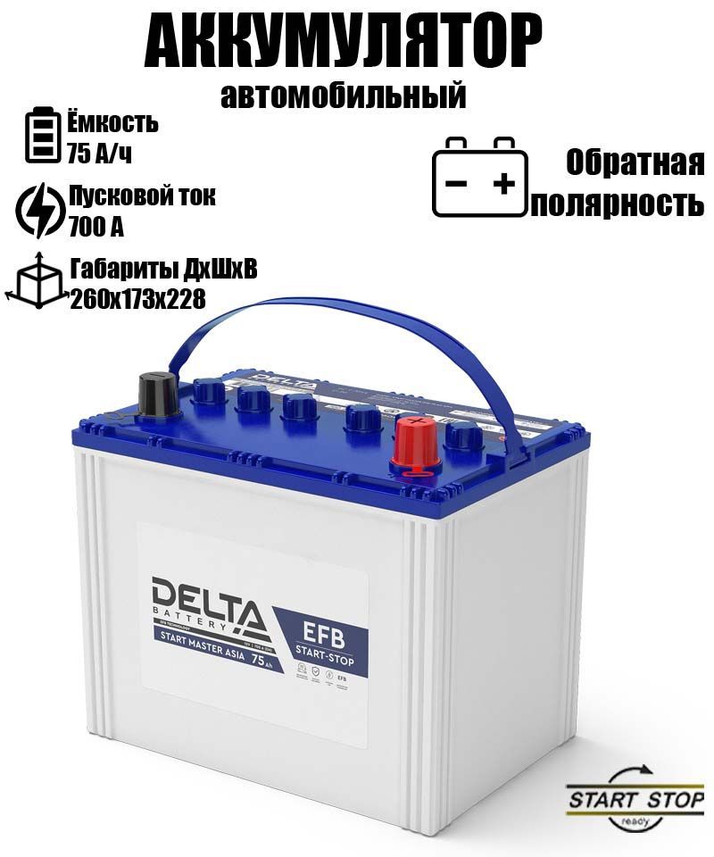 

Аккумулятор DELTA BATTERY 75.1 A/ч A 700 обратная полярность EFB1275D26L, DELTA CT