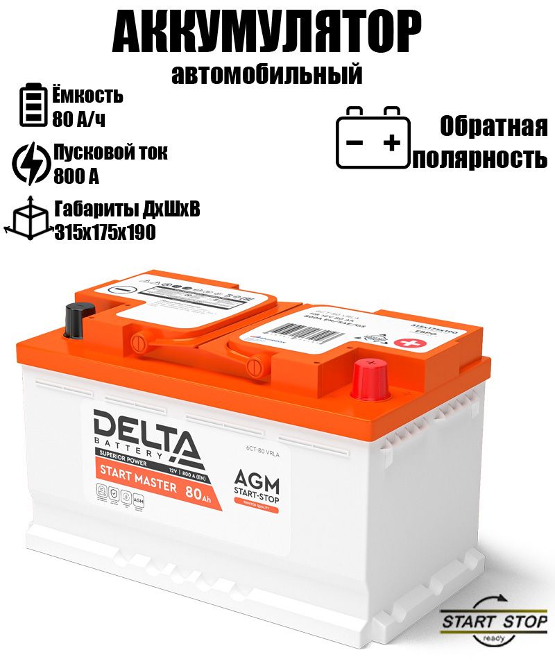 

Аккумулятор DELTA BATTERY 80 A/ч A 800 обратная полярность CT1280, DELTA CT