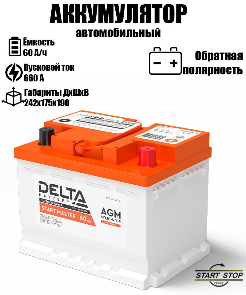 Аккумулятор DELTA BATTERY 60 Aч A 660 обратная полярность CT1260 12580₽