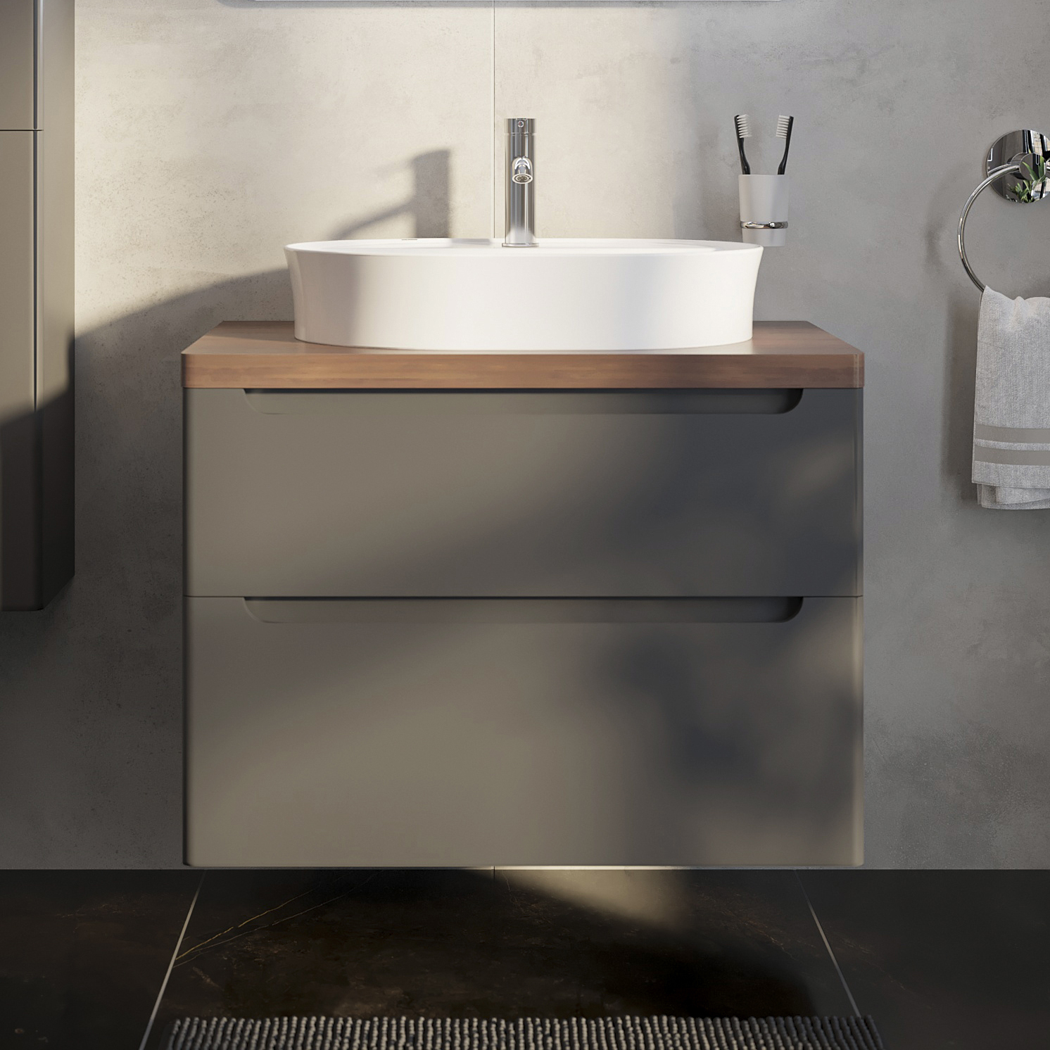 

Тумба с раковиной STWORKI Берген 80 серая с темной столешницей, Bocchi Slim Line 1600-001-, Берген 80 серая с темной столешницей, Bocchi Slim Line 1600-001-0126