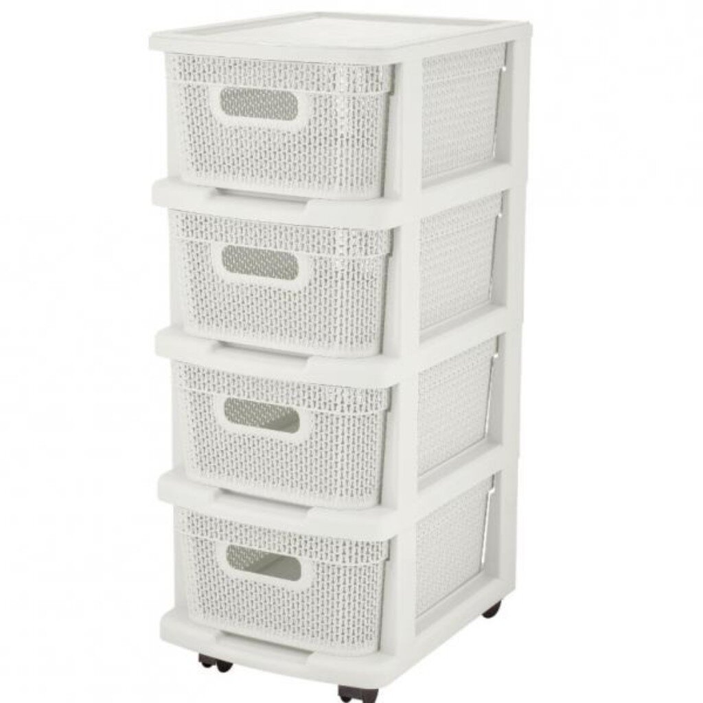 

Комод четырехсекционный на колесах Keeplex Ajur, 37 x 30 x 69 см с корзинами, белое облако
