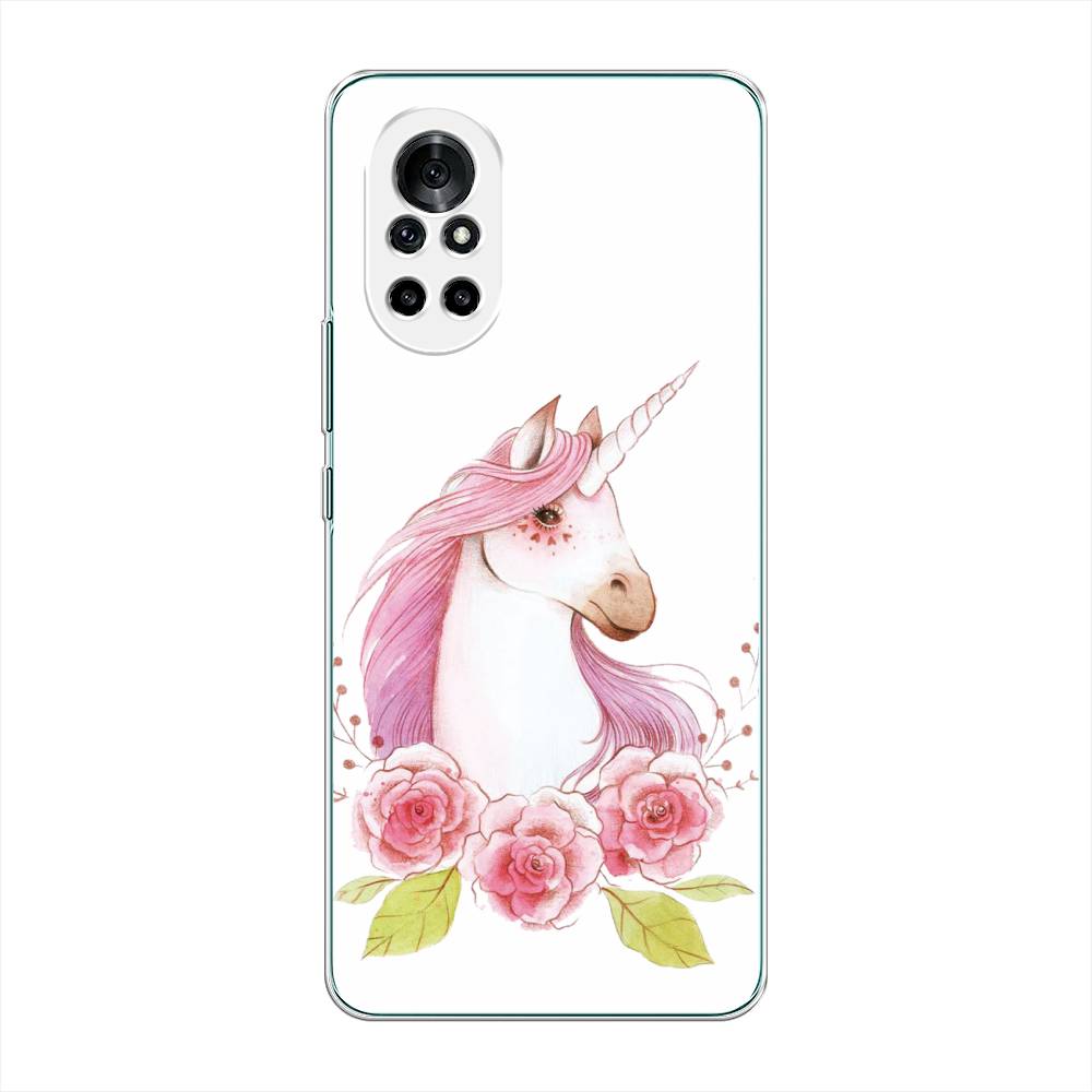 

Чехол на Honor V40 Lite "Единорог цветы", Белый;розовый;серый, 6105150-1