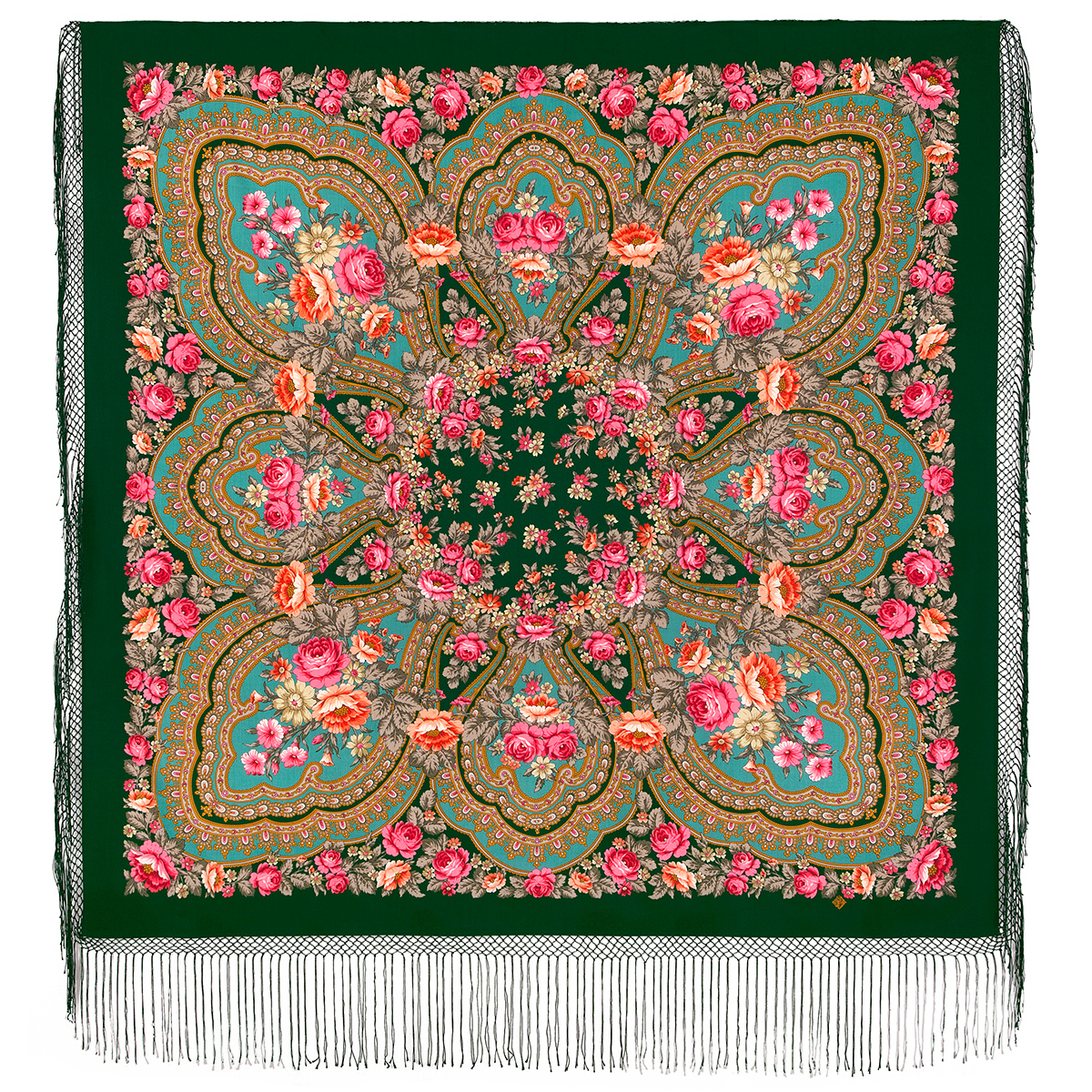 Платок женский Павловопосадский платок 341 зеленый, 148х148 см