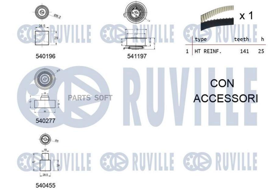 

Комплект Грм Vag A3/Octavia/Caddy/Golf 1.9 <=2010 (4 Ролика +Ремень 141з.) Ruville арт. 55