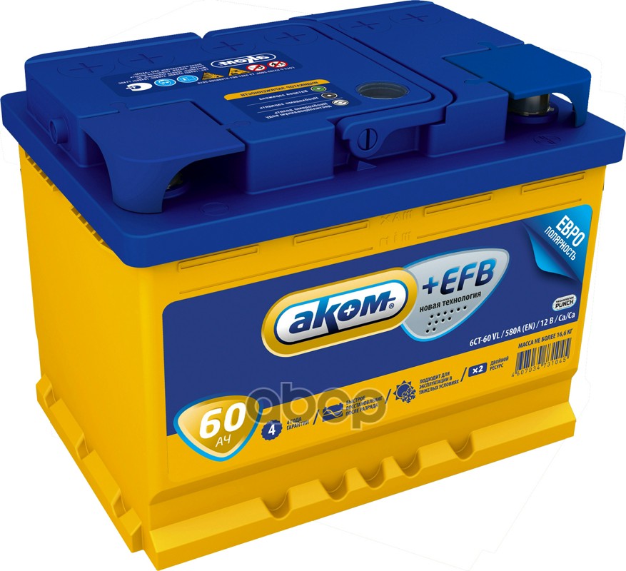 

Аккумулятор АКОМ ASIA EFB 65 А/ч обратная R+ 232x173x223 EN700 А 1шт