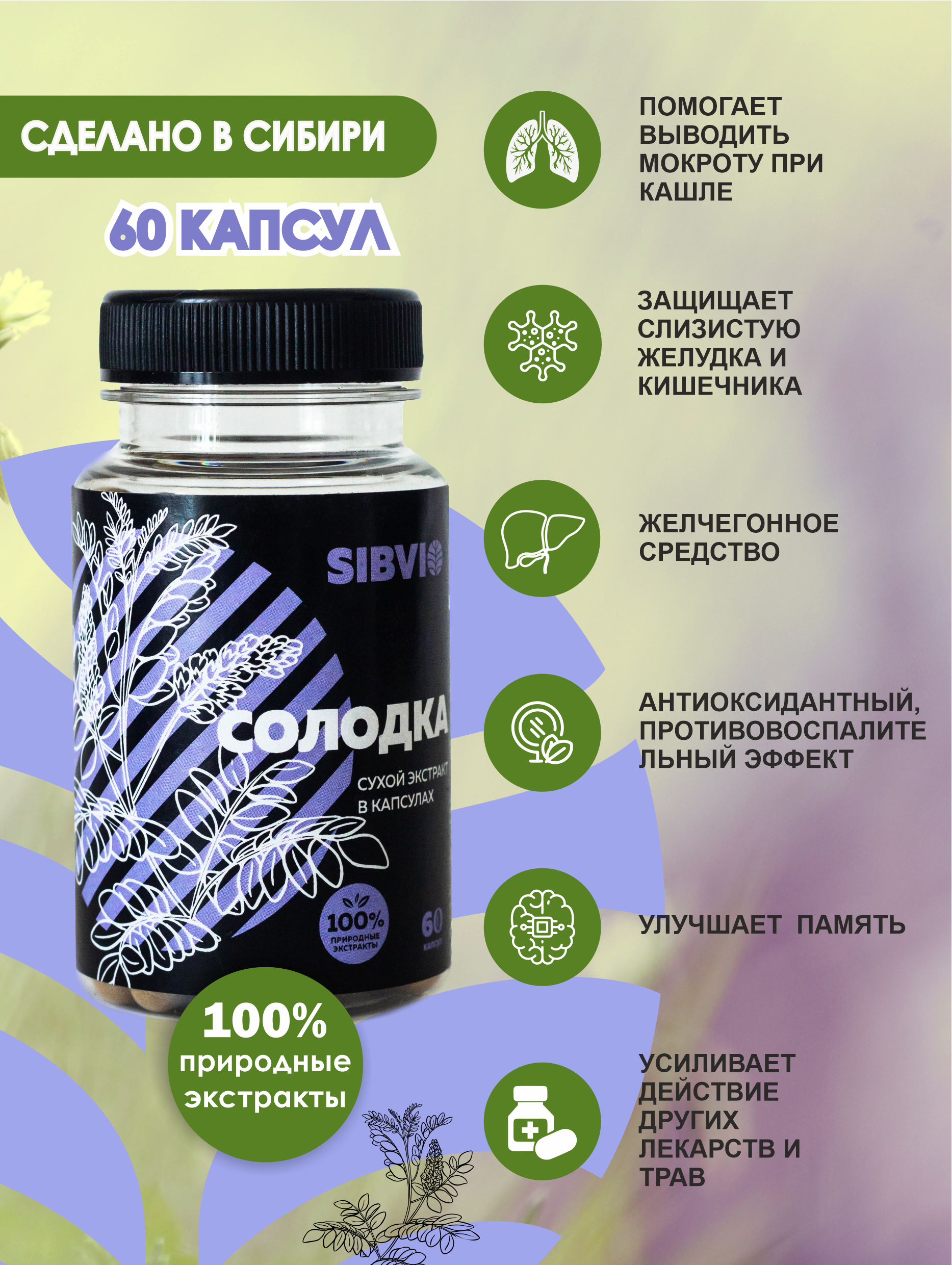 

Солодка сухой экстракт SibVio 60 капсул 400 мг, Солодка
