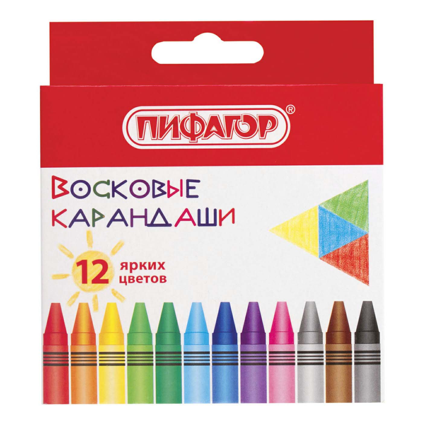 

Карандаши восковые цветные Пифагор Солнышко набор 12 цветов, Разноцветные