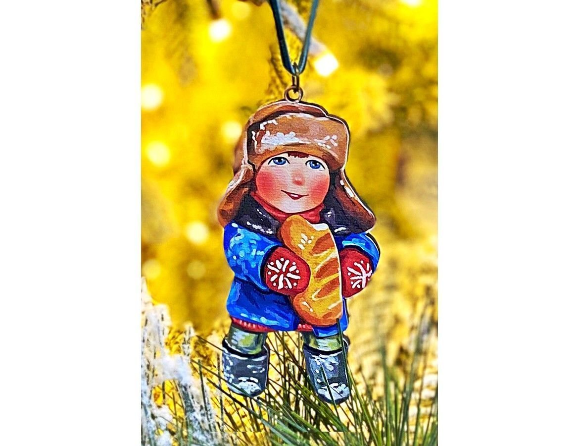 Елочная игрушка Мальчик с батоном - Зимние Каникулы 10 см, дерево, подвеска, МанузинЪ