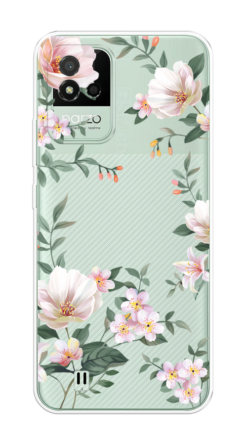 

Чехол на Realme Narzo 50i "Beautiful white flowers", Бежевый;зеленый, 2510050-1