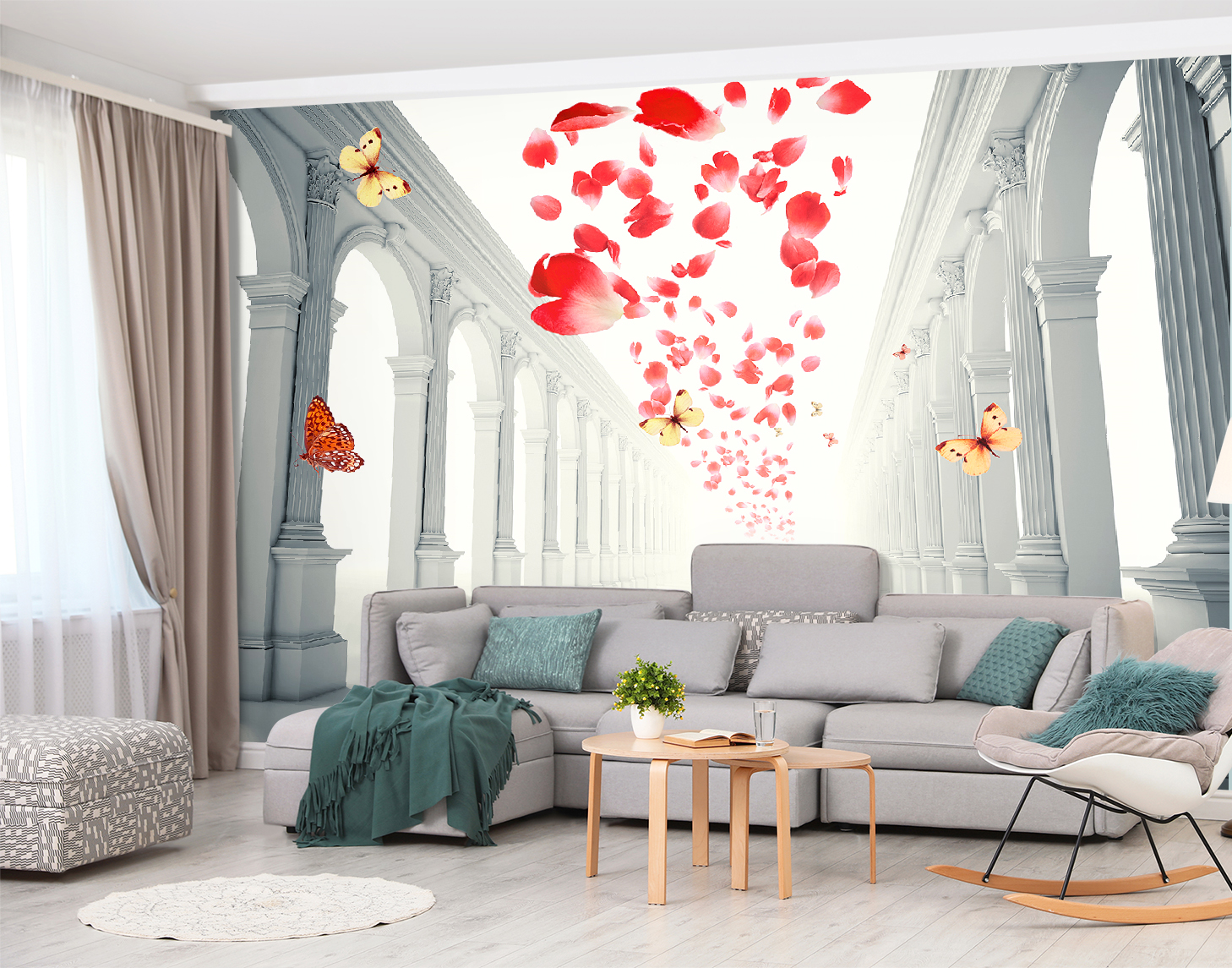 Фотообои Photostena 3D Анфилада с лепестками и бабочками 3,56 x 2,6 м
