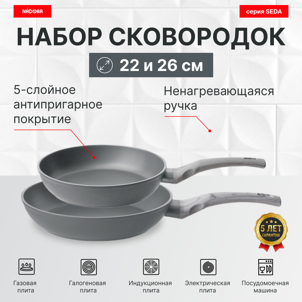 

Набор из 2 сковород 22 и 26 см с антипригарным покрытием, NADOBA, серия SEDA, Серый